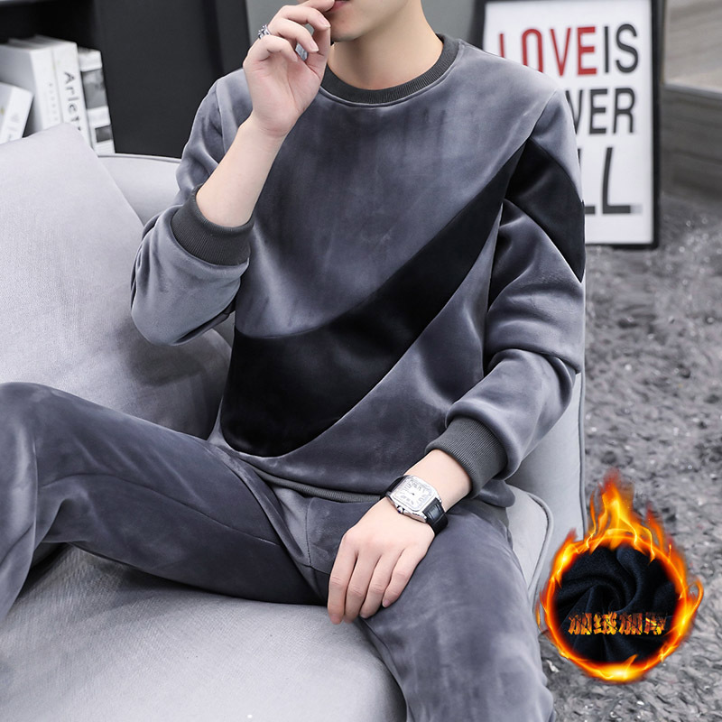 Men's Thermal Underwear for Autumn and Winter, Coral Fleece, Fleece-Lined, Can Be Worn Outside, Gold Velvet Pajamas, Thick Loungewear, Sports Suit