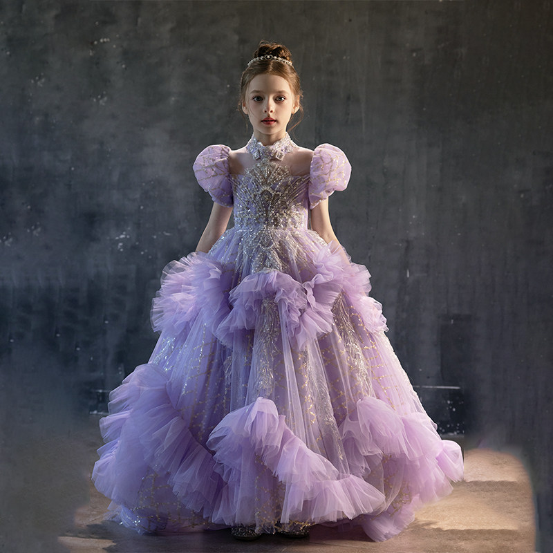 Girls' purple high-end custom princess dress  Runway-worthy flower girl birthday  party host piano