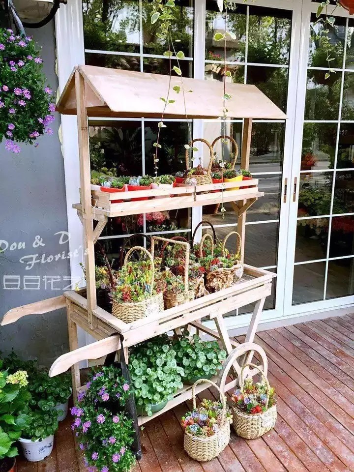 Flower cart flower shop supermarket solid wood flower stand flower rack floatcar stall display multi-layer advertising signboard