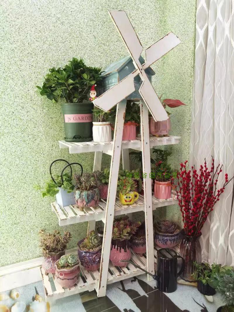 Multi-layer miscellaneous shelves display succulent flower pots windmill wooden house flower stand solid wood old retro flower shop garden