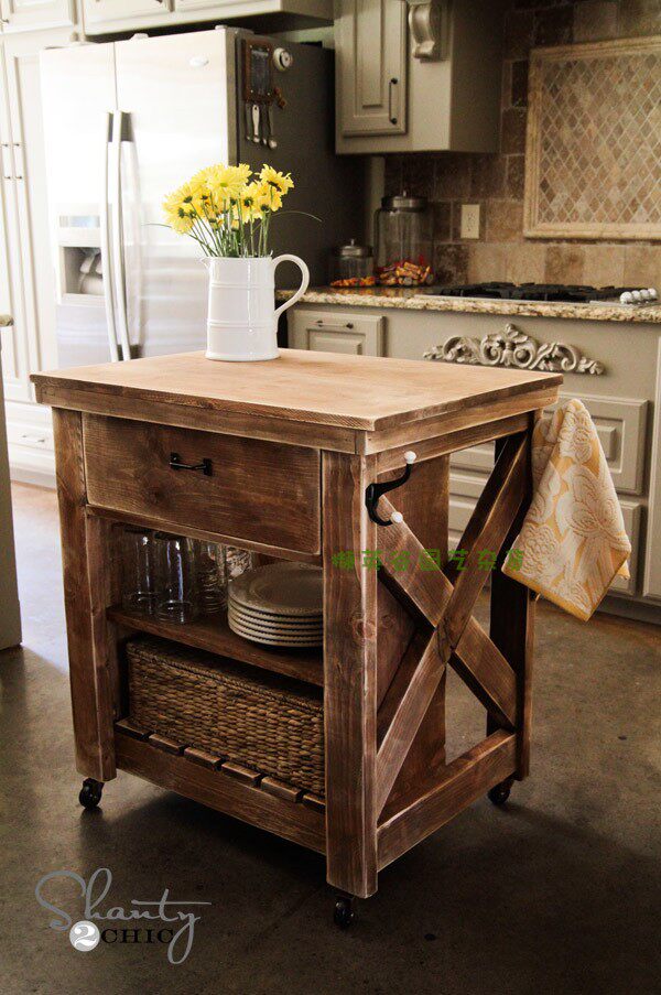 Kitchen Island Bench Solid Wood Retro Doing Old American Countryside Fields Yard of drawers Shelves Seasoning Containing movable with wheels