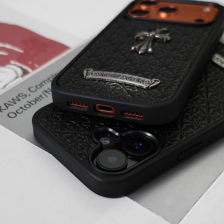 Chrome Hearts 17/16/15/14/13 Pro Max : 3D Gothic Cross Metal & Matte Flower Design iPhone Case