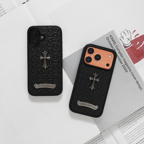 Black — Chrome Hearts 17/16/15/14/13 Pro Max : 3D Gothic Cross Metal & Matte Flower Design iPhone Case