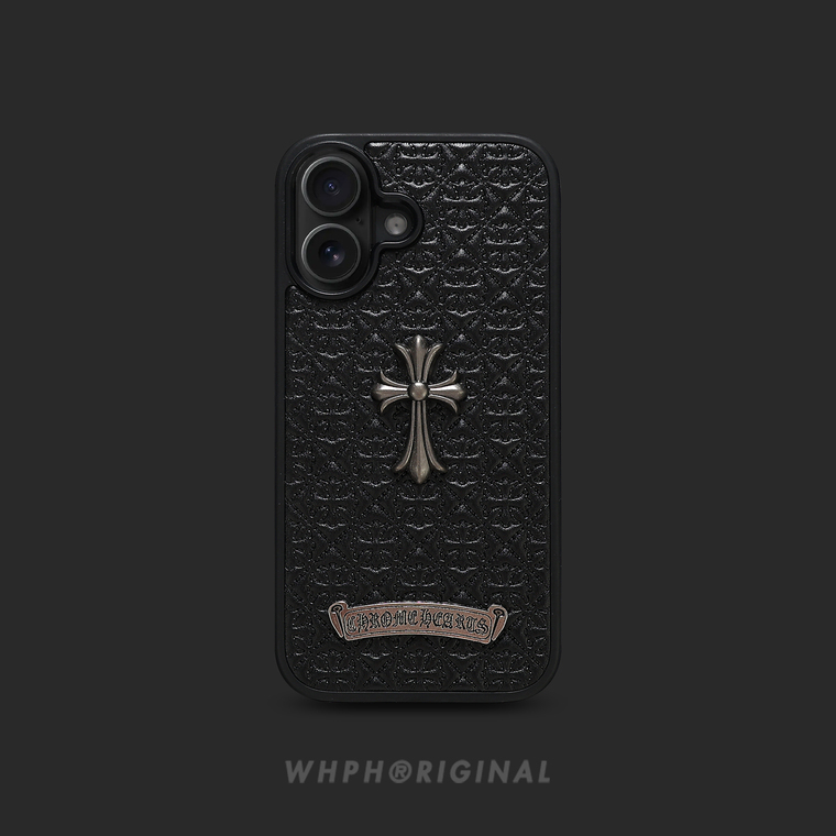 Chrome Hearts 17/16/15/14/13 Pro Max : 3D Gothic Cross Metal & Matte Flower Design iPhone Case