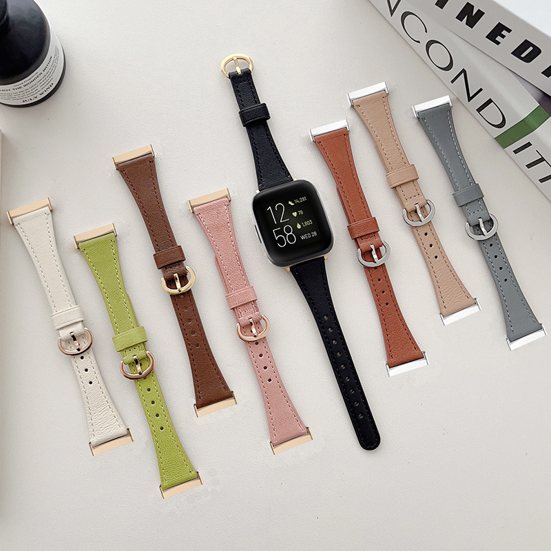 Suitable for Fibi Versa3/4 Small Waistline Sense1/2 Genuine Leather Watch Strap Retro Oval Buckle Wristband Slim Version
