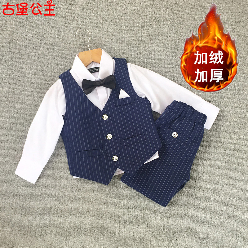 Children's suit set handsome British boys piano performance dress vest winter flower children's dress plus fleece casual suit