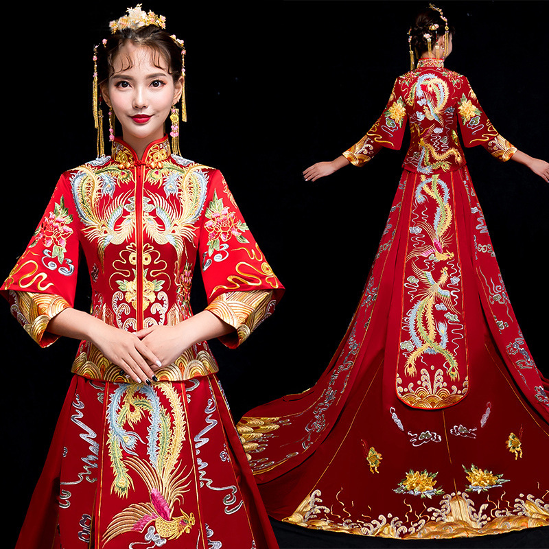 Chinese Wedding Dress Tail Show Grass Dress Bride Marriage Ancient Wedding Dress Fengguan Xiamen Dress