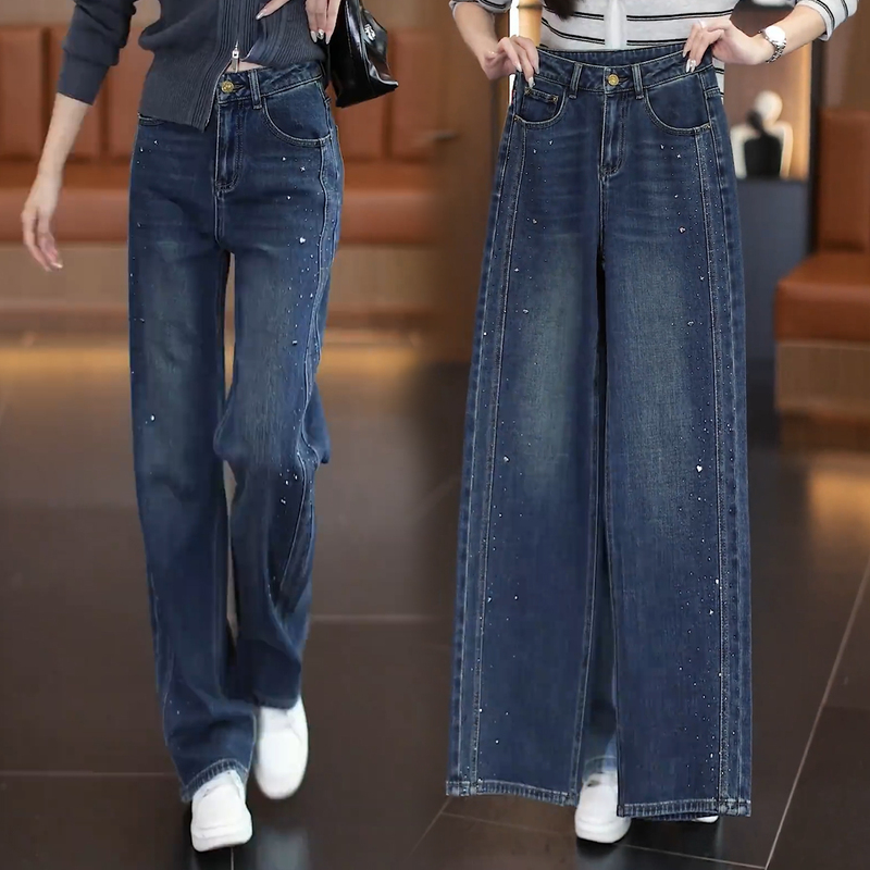 Narrow Wide-Leg Jeans for Women 2026 Spring and Autumn New Stylish Slimming Youthful Versatile Rhinestone Straight-Leg Casual Pants