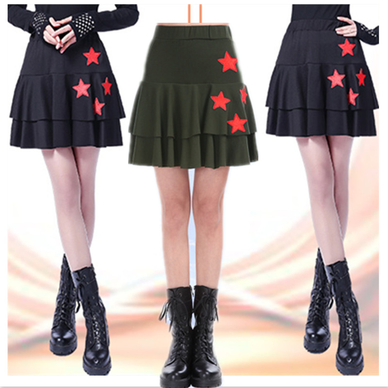 2021 Fall New Red Five Stars Half Body Skirt Woman Dress Double Skirt Water Soldier Dance Performance Dress Square Dance Short Dress