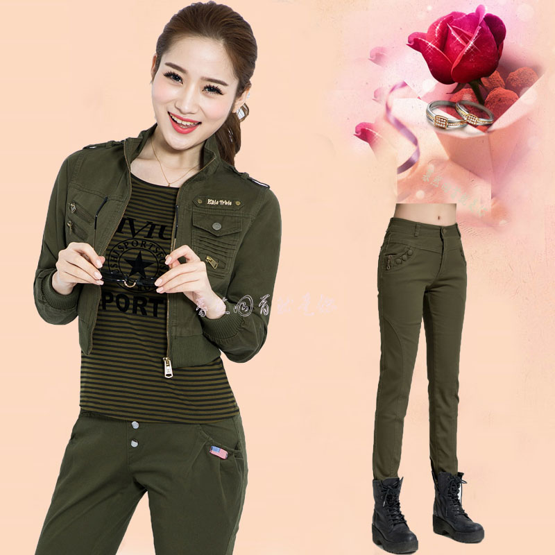 Spring new women's camouflage uniform military uniform suit army green outdoor travel three-piece set sailor dance suit