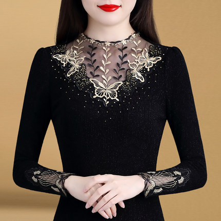 Stand Collar Embroidered Fleece-Lined Base Shirt for Women, Long-Sleeved, Thickened Lace, New 2026 Winter Slim-Fit Top