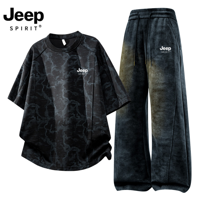 Jeep Spirit Jeep Sports Suit Men's Summer Trendy Youth Tie-Dye T-Shirt and Long Pants Two-Piece Set Trendy
