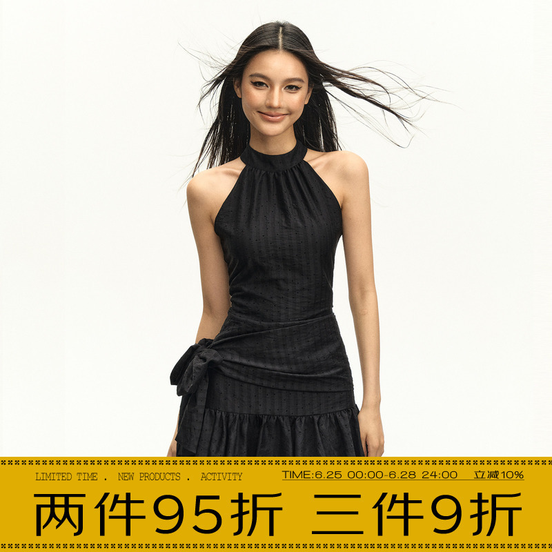 Ariseism American Retro Design Bow Halterneck Sleeveless Dress Women's New Summer Skirt