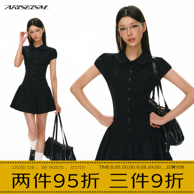 Ariseism American Retro Doll Collar Black Vertical Stripesd Dress Women's Summer New Slim Fit Skirt