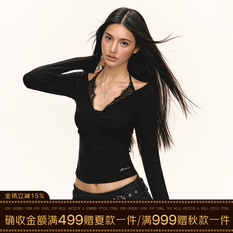 Ariseism American Retro Design Black Lace Lanyard Long-Sleeved T-Shirt for Women Autum New Slim Fit Top Ariseism American Retro Design Black Lace Lanyard Long-Sleeved T-Shirt for Women Autum New Slim Fit Top