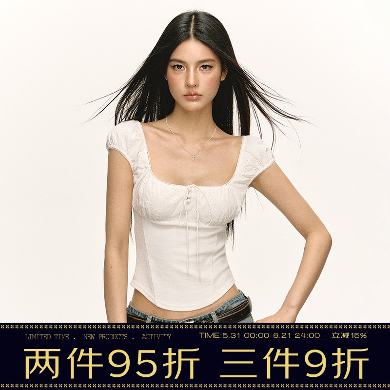 Ariseism American Style Sexy Slim-Fit Design Square-Neck Short-Sleeve T-Shirt for Women, Summer Short Puff-Sleeve Top