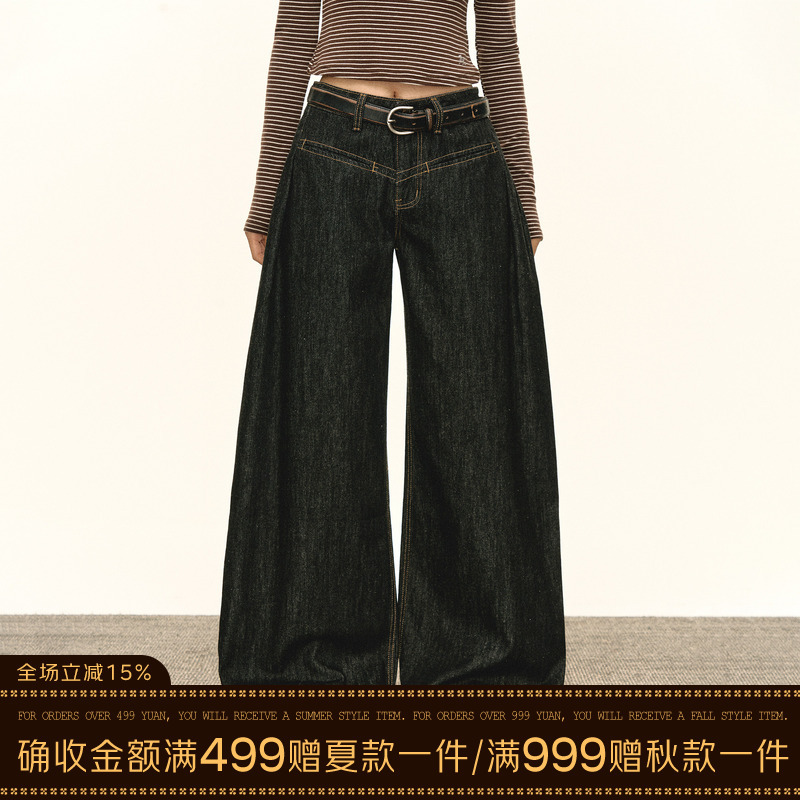Ariseism American Retro Design Wide-Leg Loose Jeans for Women Autum New Long Pants