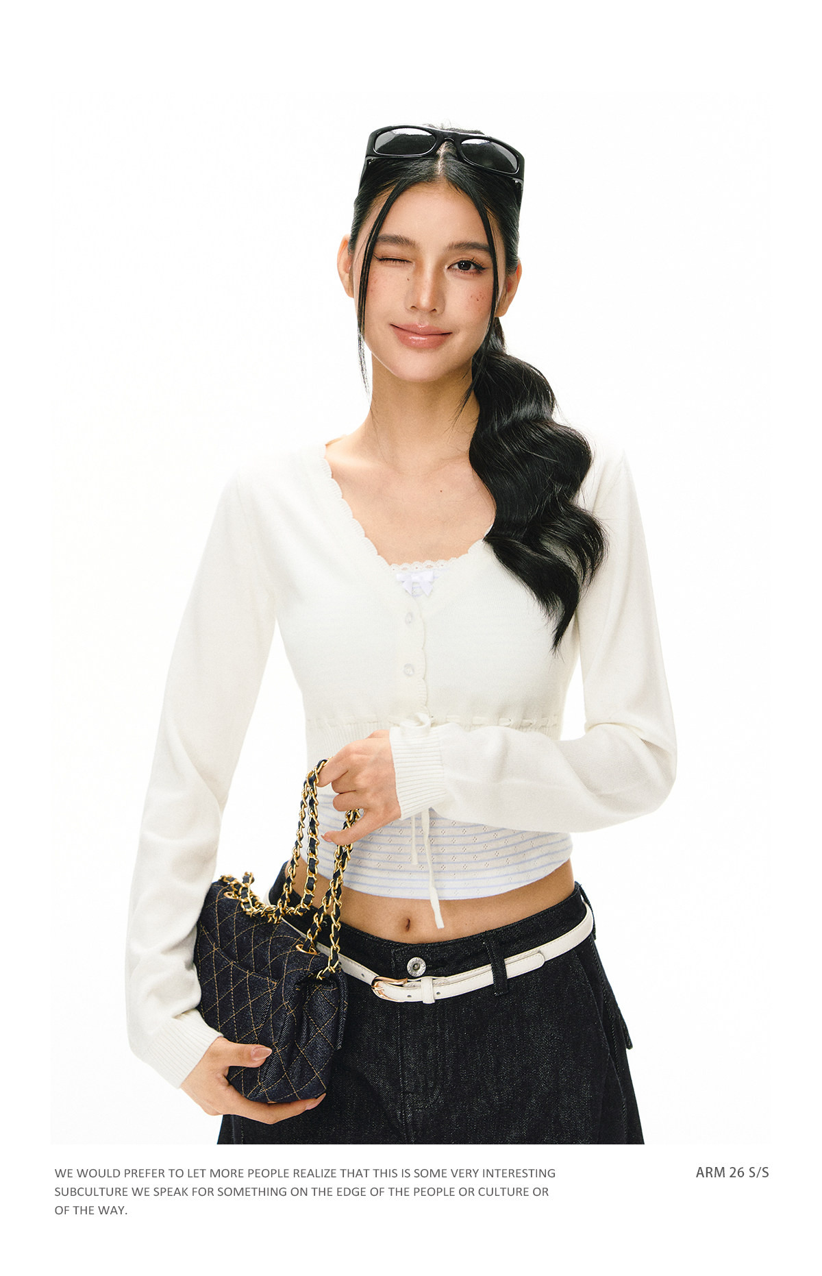 ARISEISM White V-Neck Long-Sleeve Cropped Cardigan