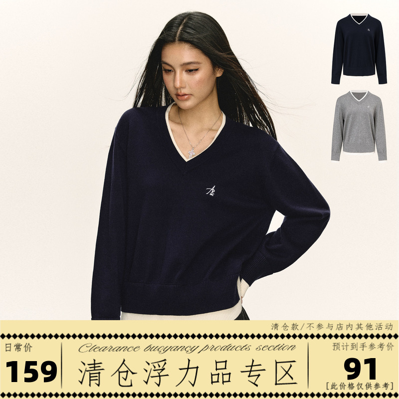 Ariseism American Retro Design Fake Two-Piece V-Neck Pullover Sweater for Women Spring New Loose Top