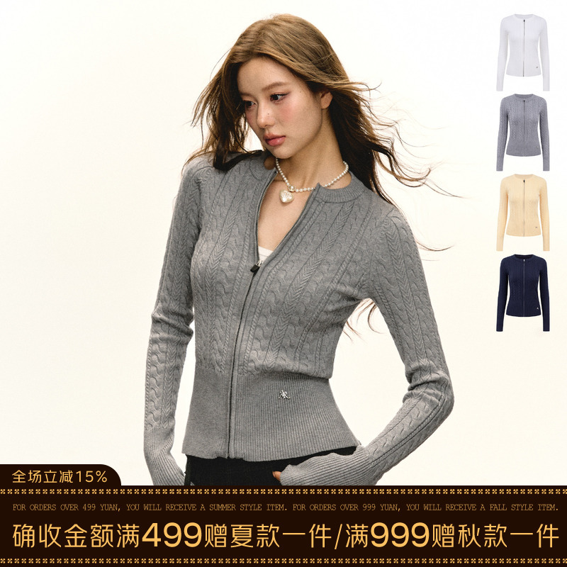 Ariseism Round-Neck Cable-Knit Cardigan Sweater for Women, New Autumn Style, Slim Fit, Suitable as an Inner Layer