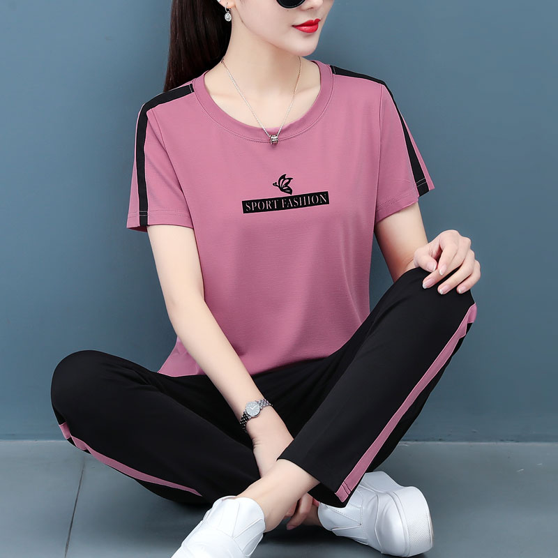 Summer sports suit Western style 2022 new summer wide-leg pants short-sleeved casual two-piece mother middle-aged women's clothing