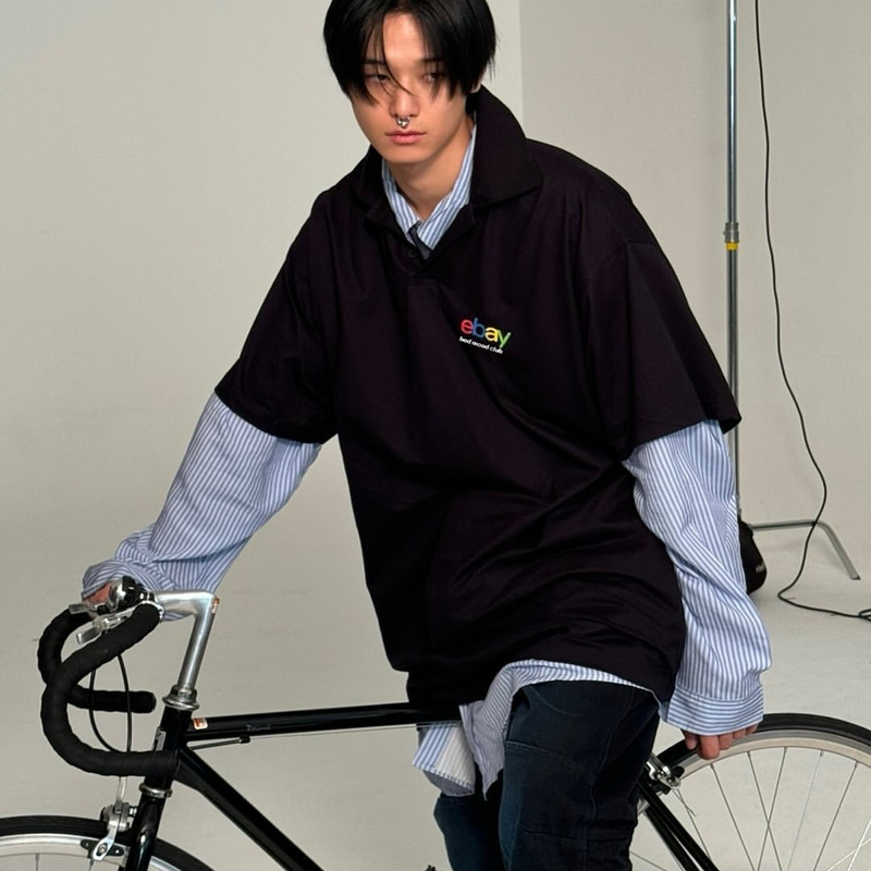 Self-Designed Ebay Series Logo Embroidered Stand-Up Collar Polo Loose Fit High Street Unisex Short-Sleeve T-Shirt