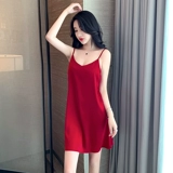 Пижама, тонкая юбка, шелковая лента, шелковый сексуальный топ с чашечками, красный летний жилет, платье, для маленькой груди, в корейском стиле