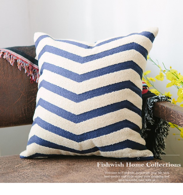 Hình học đệm màu xanh và trắng bao gồm đệm sofa sọc và vải lanh Mỹ gối tựa lưng thêu không có lõi - Trở lại đệm / Bolsters gối kèm chăn 2 trong 1