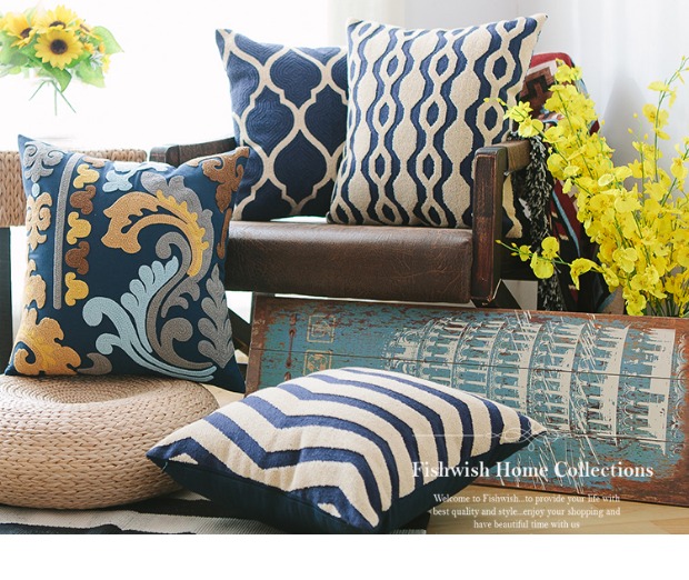 Hình học đệm màu xanh và trắng bao gồm đệm sofa sọc và vải lanh Mỹ gối tựa lưng thêu không có lõi - Trở lại đệm / Bolsters gối kèm chăn 2 trong 1
