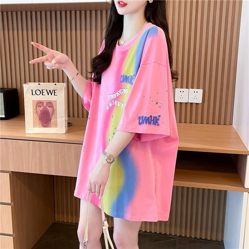 Pure Cotton European-Style American Fashion Hot-Selling Gradient Splash-Ink Rainbow Color Mid-Length Short-Sleeve T-Shirt for Women Summer Trend Pure Cotton European-Style American Fashion Hot-Selling Gradient Splash-Ink Rainbow Color Mid-Length Short-Sleeve T-Shirt for Women Summer Trend