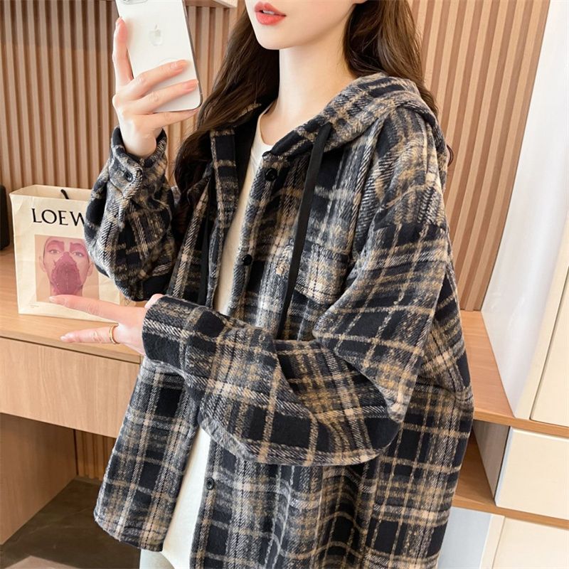 Lazy Style, High-End Feel, Loose Fit, Plus-Size Plaid Shirt for Women, Spring, Autumn, and Winter Fleece-Lined Jacket with Hood, ins Trendy Top Lazy Style, High-End Feel, Loose Fit, Plus-Size Plaid Shirt for Women, Spring, Autumn, and Winter Fleece-Lined Jacket with Hood, ins Trendy Top