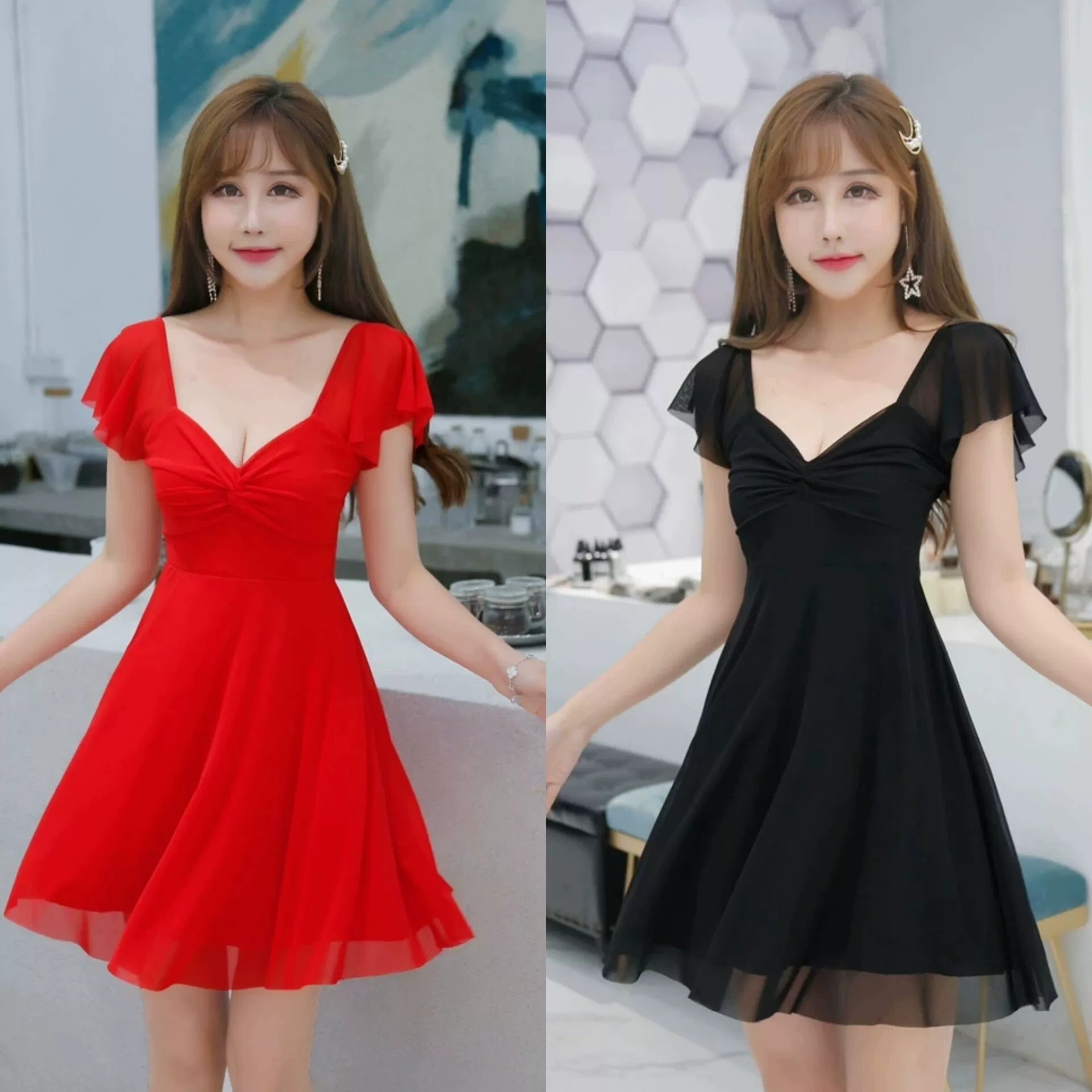 Mạng người nổi tiếng thời trang 2021 mùa xuân mới sexy cắt thấp của phụ nữ hai dây bay tay áo kỹ thuật viên quần áo làm việc thủy triều - váy đầm