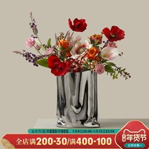 Nordic light luxury style silver-plated pleated Vase ornaments ceramic flower arrangement living room TV cabinet porch dining table decorations