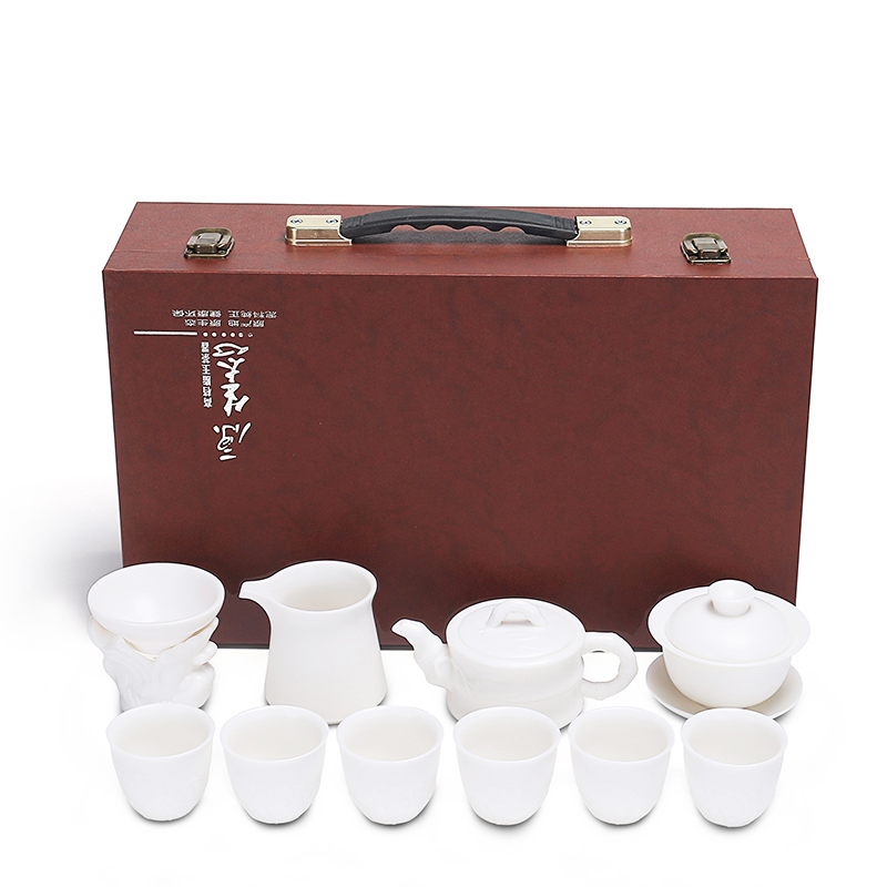 Really high sheng dehua white porcelain biscuit firing from lard white kung fu tea set contracted a whole set of gift set of tea cups