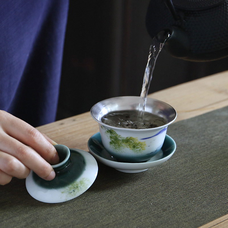 Really sheng white porcelain hand - made tea set household sand coppering. As silver cup lid to use kung fu tea tea tray