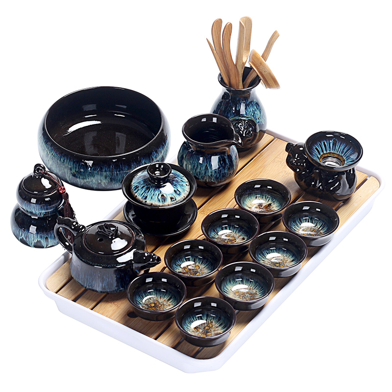 Really sheng building light variable kung fu tea set household alluvial gold temmoku glazed pottery CiHu tea tray of a complete set of tea set