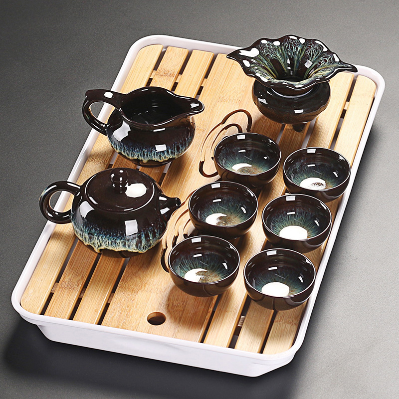 Really sheng building light variable kung fu tea set household alluvial gold temmoku glazed pottery CiHu tea tray of a complete set of tea set