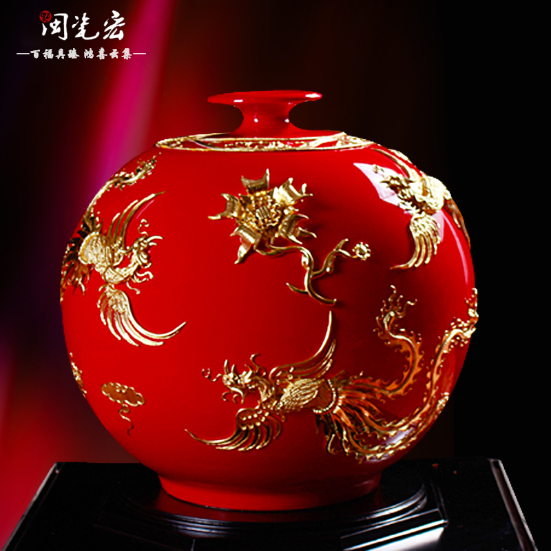 Really sheng Chinese red porcelain paint line carve I five phoenix household stores the opened high - end craft gift