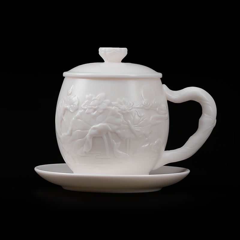 True sheng jade suet white porcelain relief office of the high - end boss cup cup personal ceramic tea cup cup gift mugs