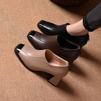 Genuine Leather Women's Shoes with Metal Toe Cap, Anti-Kick High Heels, 2025 Spring New Style, Square Toe, Deep Cut, Soft Sole, Elegant Single Shoes