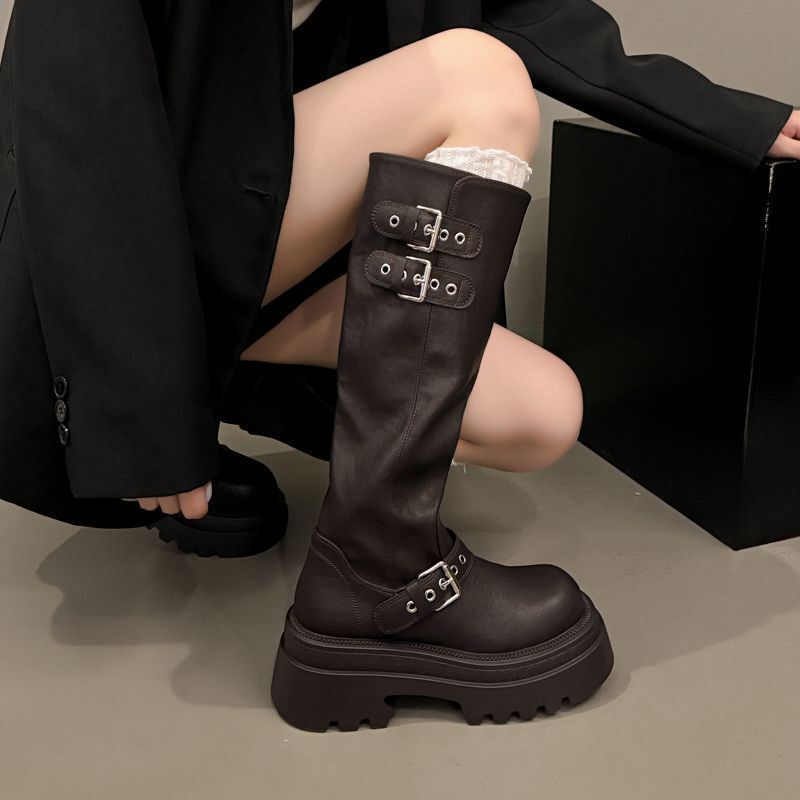 Brand Thick-Soled Long Boots for Women 2026 Spring and Autumn New Style British Style Height-Increasing Slimming Belt Buckle High Fashion Boots Brand Thick-Soled Long Boots for Women 2026 Spring and Autumn New Style British Style Height-Increasing Slimming Belt Buckle High Fashion Boots