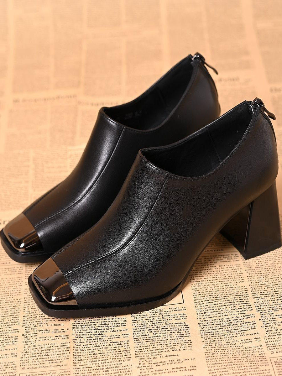 Genuine Leather Women's Shoes with Metal Toe Cap, Anti-Kick High Heels, 2025 Spring New Style, Square Toe, Deep Cut, Soft Sole, Elegant Single Shoes