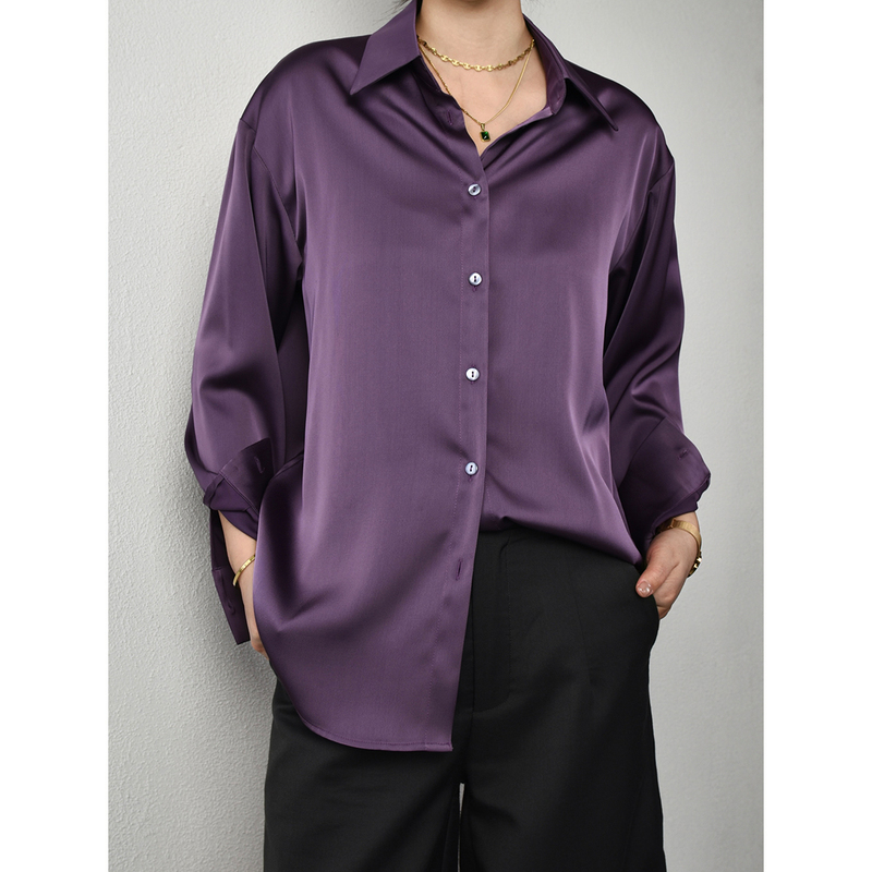Purple Imitation Acetate Satin Shirt, Loose Fit, Plus Size, Women's Drop Shoulder Sleeves, High-End Drape, Lazy Shine, Niche Top