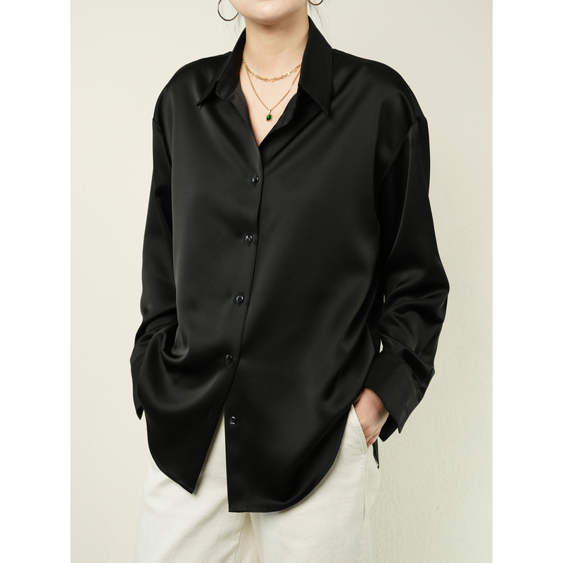 [Double-Sided Satin with Dropped Shoulders] High-End Black Pearlescent Satin Shirt, Loose and Drapey, Wrinkle-Resistant, Imitation Acetate, for Women in Spring and Autumn