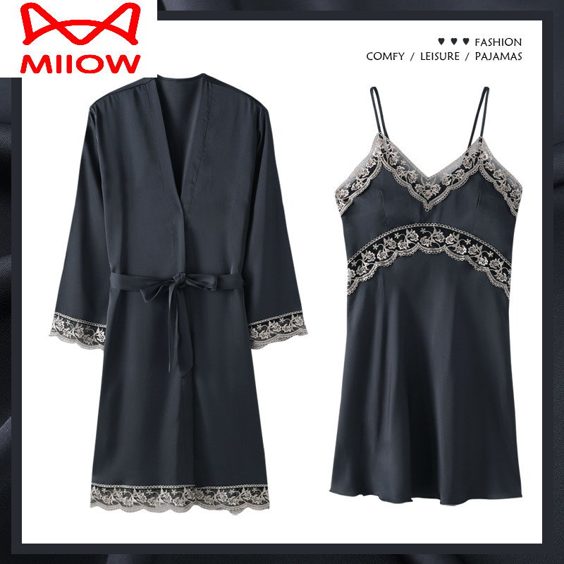 Catman Sexy Ice Silk Pajamas with Breast Pads for Women Summer Silk Nightgown Long-Sleeved Spring & Fall Two-Piece Set with Suspenders