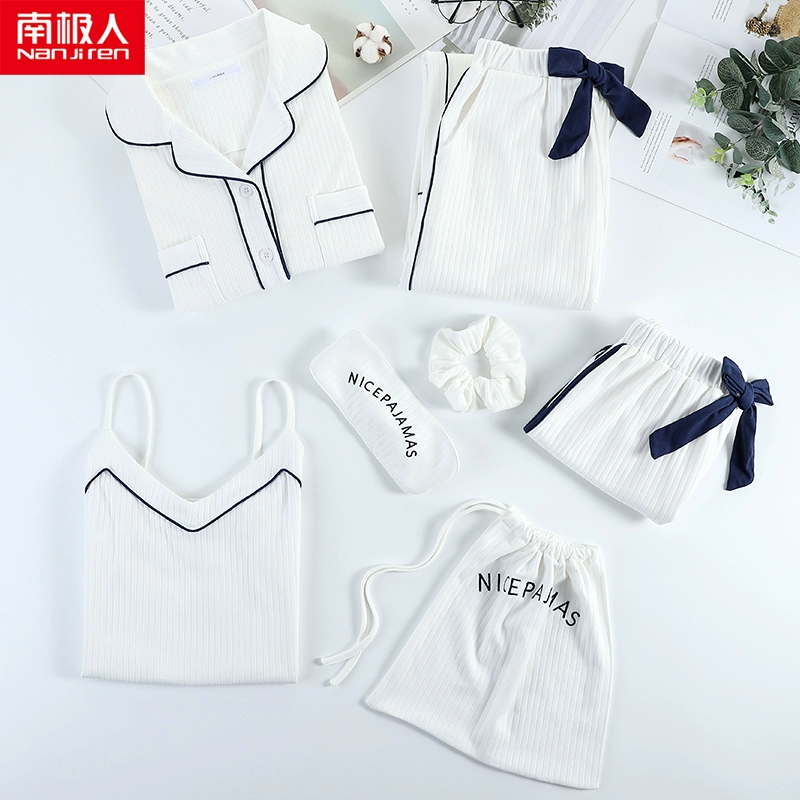 Nam Cực đồ ngủ trắng phụ nữ cotton tinh khiết mùa xuân và mùa thu mùa hè dài tay cotton phục vụ tại nhà bộ đồ bảy mảnh với đệm ngực mùa thu và mùa đông - Cha mẹ và con