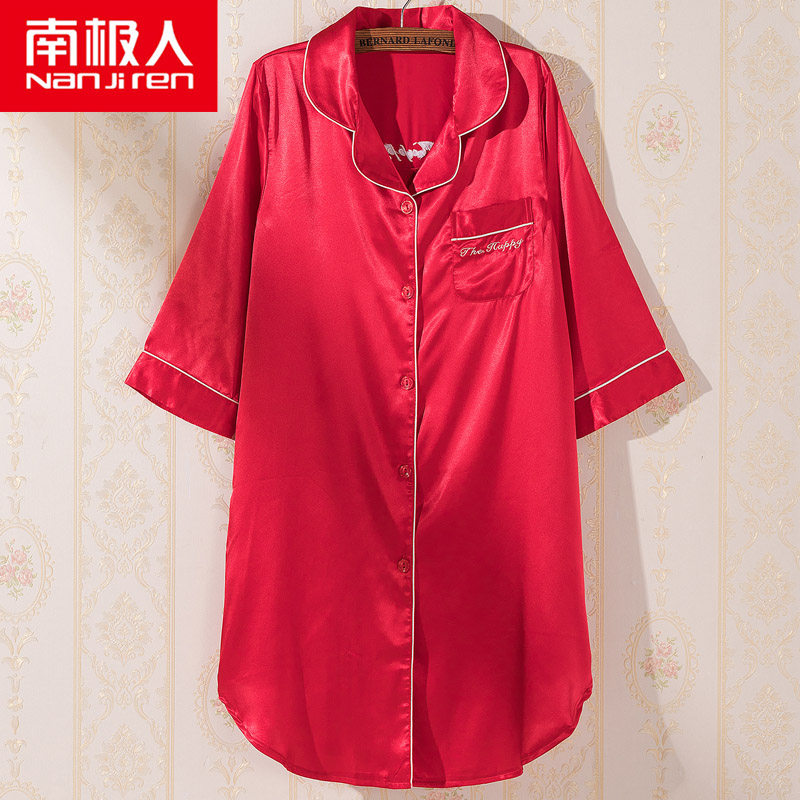 Antarctic people nightdress pajamas female spring and autumn ice silk three-quarter sleeves festive wedding natal year red home clothes silk summer