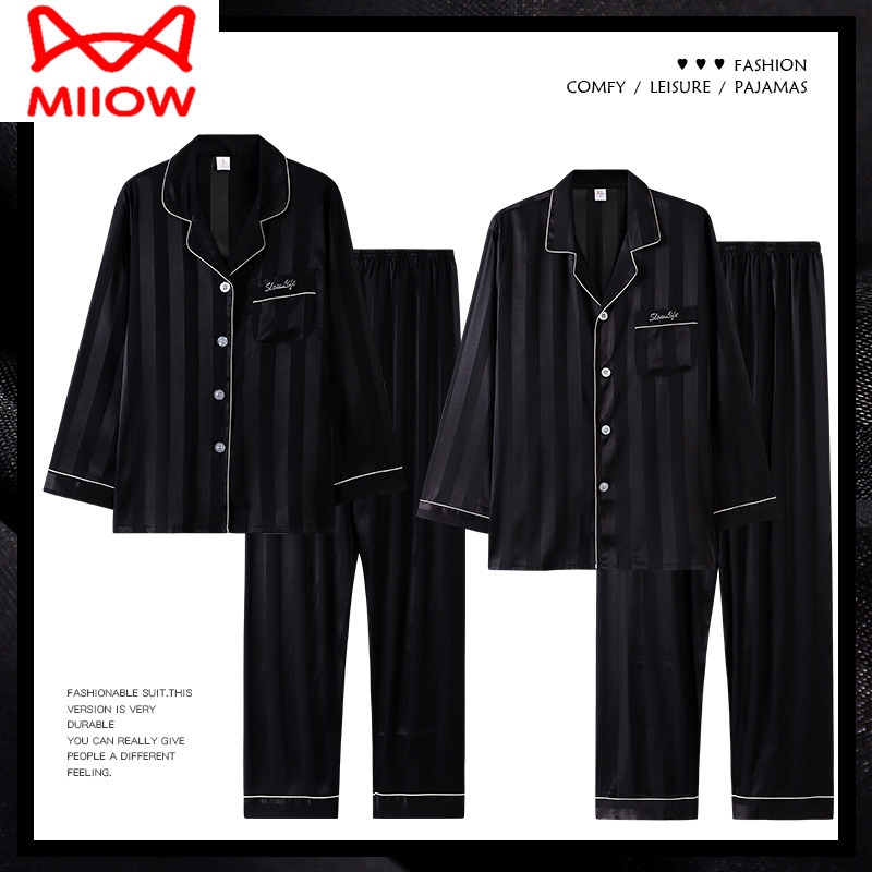 Cat-Themed Pajamas for Women, Summer Ice Silk Long-Sleeved Couple's Thin Imitation Silk Loungewear, Spring and Autumn Men's Set