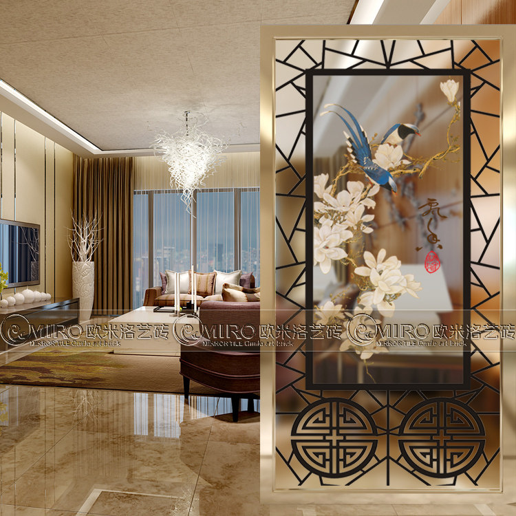 New art glass TV background wall screen partition Shoe cabinet entrance sliding door Tempered carved grid decorative painting