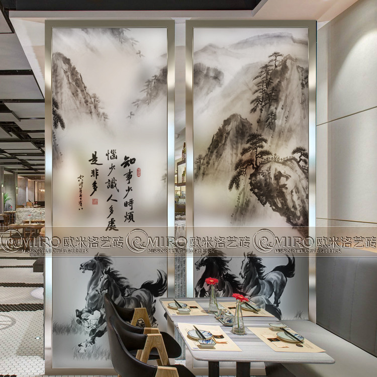 Direct selling art glass screen partition entrance porch kitchen toilet sliding door ceiling decoration toughened ink painting